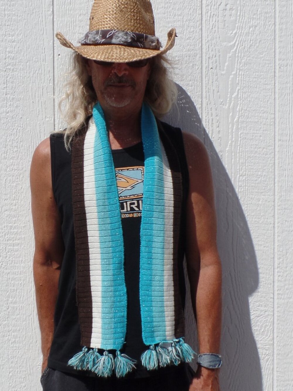 Knit Scarf Metallic Tri-Color Wrap with Pom-Pom Fringe EUC